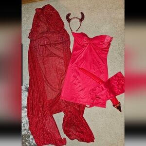 Sexy Devil Costume. Red Strapless Dress with Matching Accessories